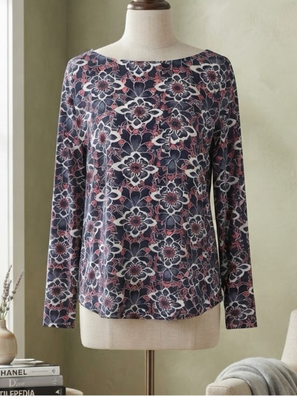 LOFT Navy Floral Boatneck Long-Sleeve Blouse